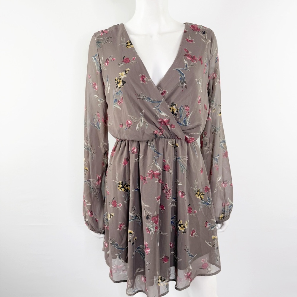 Final Touch Brown Floral Dress Long Sleeve Size L V-Neck Casual Bohemian